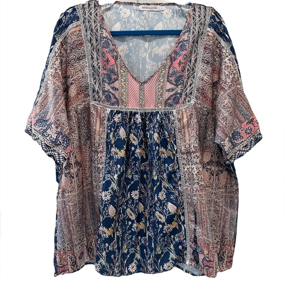 MISSLOOK Navy Pink Floral Boho Blouse